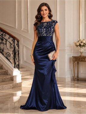 Navy Blue Satin Maxi Dress with Embroidered Bodice